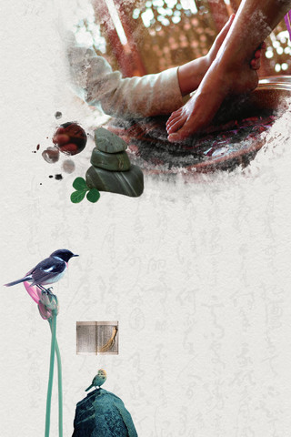 中国风手绘小鸟中医养生足疗米色背景海报